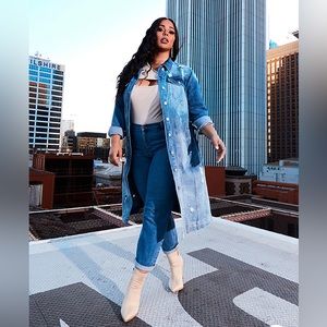 Long medium wash denim jacket, size XL, great for fall